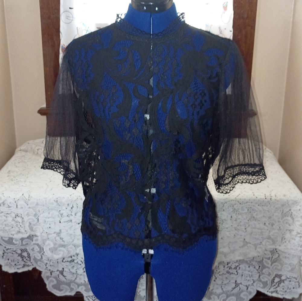 Peach Black Lace Puffy Sleeve Top With Back Zipper Size XL